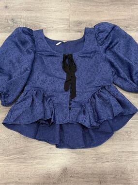NWOT Free People Deep Navy Puff Sleeve Peplum Blouse with Black Tie